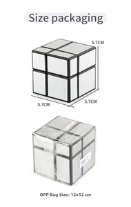 5.7cm silver mirror cube puzzle showing product dimensions and OPP bag packaging details