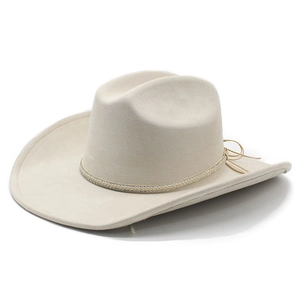 Classic cream faux suede western cowboy hat with wide brim and metallic woven band decoration