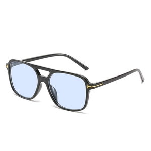 Classic square black sunglasses with blue lenses and T-shaped gold metal decorative accents