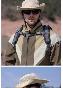 Macro detail of khaki safari hat featuring wide brim and breathable side mesh panels