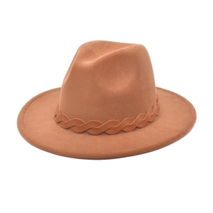 Close-up of camel wool fedora hat featuring a stylish braided leather band detail