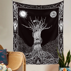 Mystic black and white tapestry with sun, moon, and tree of life motifs for room decor