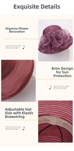 Detail of organza flower decoration and internal adjustable drawstring on summer sun hat