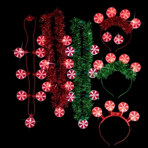 Christmas LED light-up headband set with glowing candy pendants and tinsel wreaths