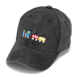 Close-up of kids washed cotton baseball cap with colorful cartoon train embroidery detail