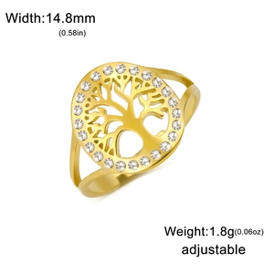 18K gold-plated stainless steel tree of life open ring with micro-pave zircons