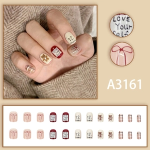 Cute bear and red bow press-on nails set with festive plaid and heart patterns
