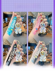 Detail showing colorful astronaut keychains with SPACE silicone wristbands and plating masks