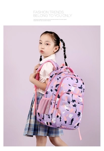 Detail of purple camouflage school backpack showing side mesh pocket and multiple zippers