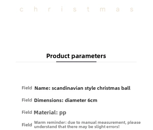 Detail showing 6cm diameter size specifications and PP material for Nordic Christmas ornaments