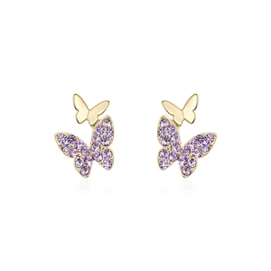 Elegant gold butterfly stud earrings with sparkling purple crystals on white background