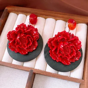Vintage Red Peony Flower Dangle Earrings With Wood Base And Silver Earring Post Retro Ethnic Style Jewelry For Women