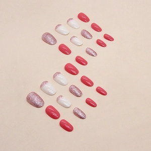 Oval pink press-on nails set with glitter gradient and glossy finish for summer