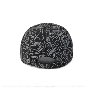 Rear view of black flat cap for elderly men with gray contour pattern and adjustable strap