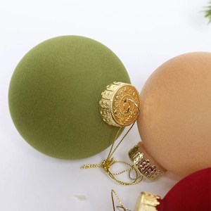 Set of 16 flocked Christmas balls in green, beige and red with gold strings for tree decor