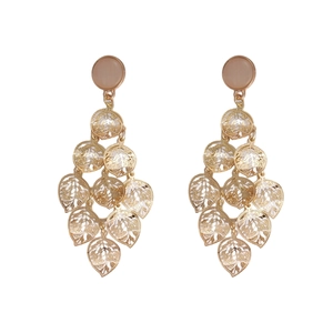 Exquisite gold hollow leaf tassel earrings with cat eye stone and pink round accents