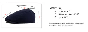 Tableau des tailles pour casquette plate rétro montrant le tour de tête de 55-60cm et visière