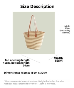 Detailed size chart showing 45x15x30cm dimensions for this handmade straw tote bag