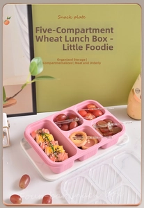 Detailed view of pink wheat straw lunch box with five compartments and a clear lid