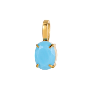 Detail view of oval cut sky blue birthstone pendant in gold plated stainless steel