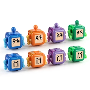 Fidget cube robot toys in blue, orange, purple, and green with various expressions