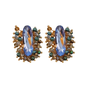 Vintage style oval blue crystal earrings with colorful beads and gold wire accents