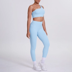 One-shoulder yoga sports set with light blue bra and high-waisted leggings for gym