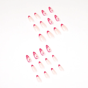 Unghie finte a mandorla french rosa con motivi a cuore rosso, set da 24 pezzi