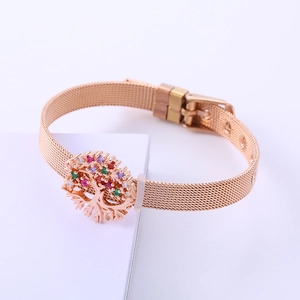 Rose gold mesh bracelet with tree of life charm and colorful zircon stone inlay