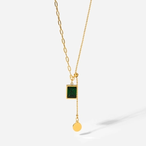 Vintage emerald square pendant necklace with asymmetric gold chain for women