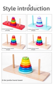 Détails de la tour de Hanoï en bois avec 8 à 10 disques colorés pour l'entraînement logique