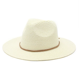 Top view of cream woven straw Panama hat with a thin brown leather band detail