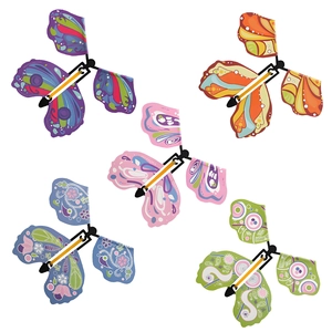 Five colorful wind-up flying butterfly toys in purple, orange, pink, blue, and green colors