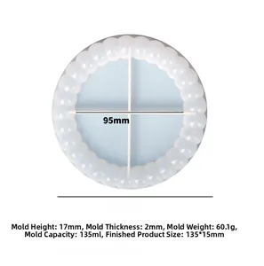 Macro view showing 143mm silicone bubble coaster mold with detailed dimensions and specs