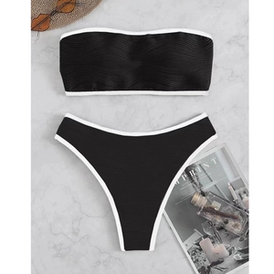 Set bikini a fascia nero a coste per donna con bordo a contrasto bianco e vita alta