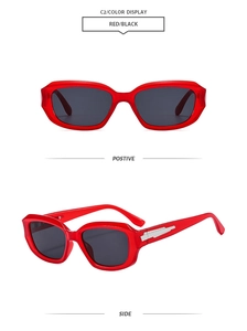 Square vintage sunglasses with red frames and silver lightning detail on temples