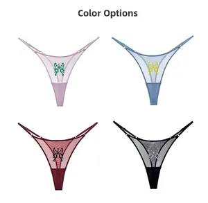 Detail of embroidered butterfly lace on sheer mesh thongs in multiple color options