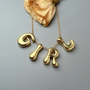 Initial Letter Pendant Necklace Copper 18K Gold Plated Puffy Alphabet Design High Polished Jewelry Women