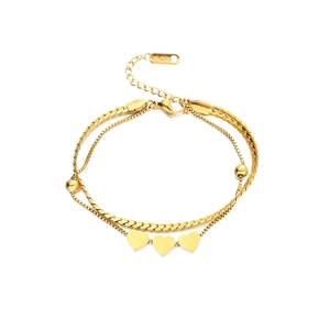 Double-layered 18K gold snake chain bracelet with polished heart pendants and round beads