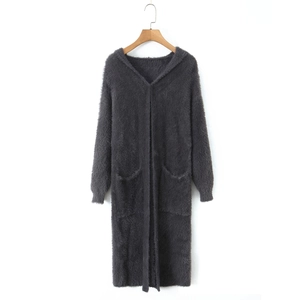Deep grey mohair hooded long cardigan sweater with front pockets and ribbed cuffs