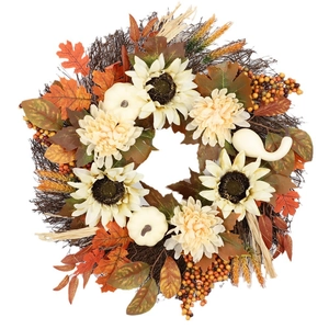 Autumn wreath with white pumpkins, sunflowers, and maple leaves on a white background