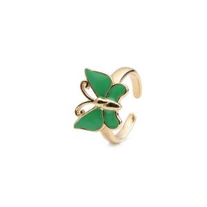 Adjustable gold open ring featuring a colorful green oil-dripped butterfly design