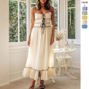 Robe Longue À Bretelles Femme Polyester Froncé Ourlet À Volants Cordon Nœud Été Vacances Style Rétro