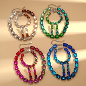 Vintage geometric square diamond sweater necklace set in four diverse color gradients