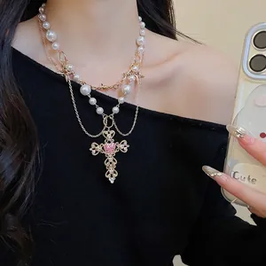 Cross Pendant Necklace Alloy Layered Imitation Artificial Pearl Pink Heart Rhinestone Gothic Y2K Vintage Jewelry For Women