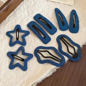 Set of Korean style denim fabric hair clips in star, square, and oval shapes
