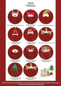 Detail showing 11 styles of glowing Christmas headbands with LED reindeer antlers and trees