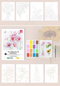 Floral DIY watercolor set with 8 sheets, paint cards, and brush for creative painting
