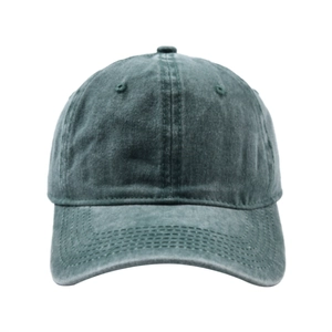 Detail of dark green washed cotton baseball cap with ventilation eyelets and reinforced stitching
