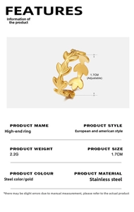 Detailed spec sheet for 18K gold plated leaf ring with adjustable 1.7cm band